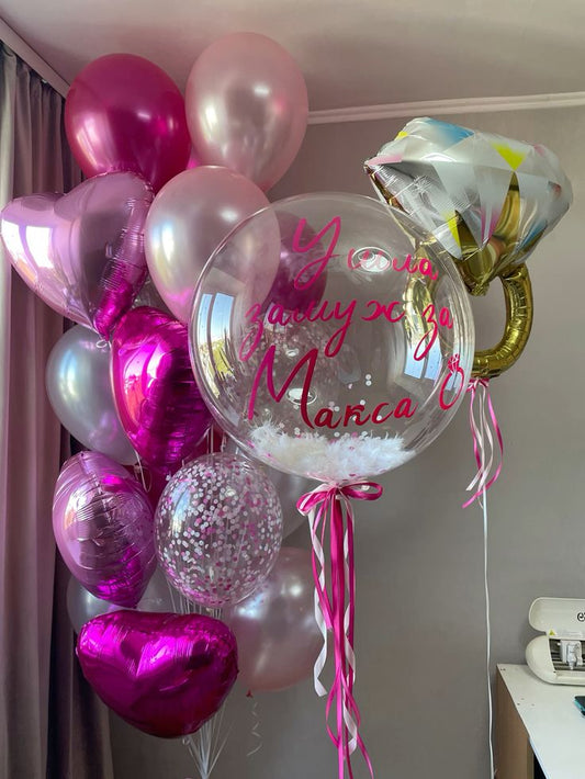 Personalised Clear with Feather and Customize Sticker, Engagement Gold Diamond Ring and Helium Bunch Clear with Confetti, Pink and Pearl White Heart-Shaped and Latex - Bridal Shower Perfect for Special Occasions!
