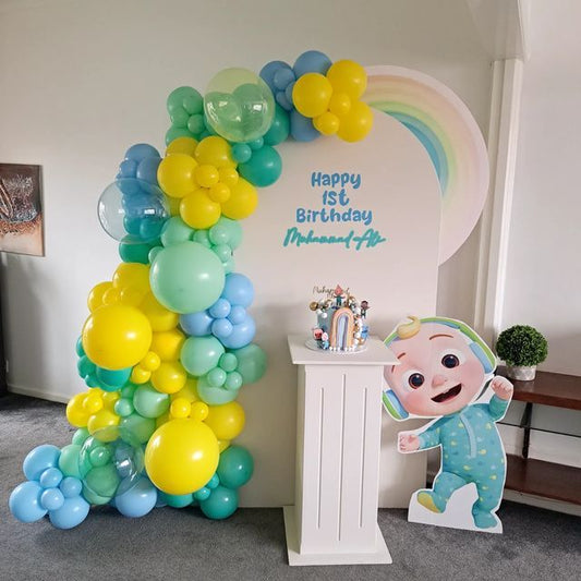 Customize Cocomelon-Themed Backdrop with Balloons Yellow, Blue, Green and Clear with JJ Standee and Rainbow Cutouts – A Perfect Party Highlight