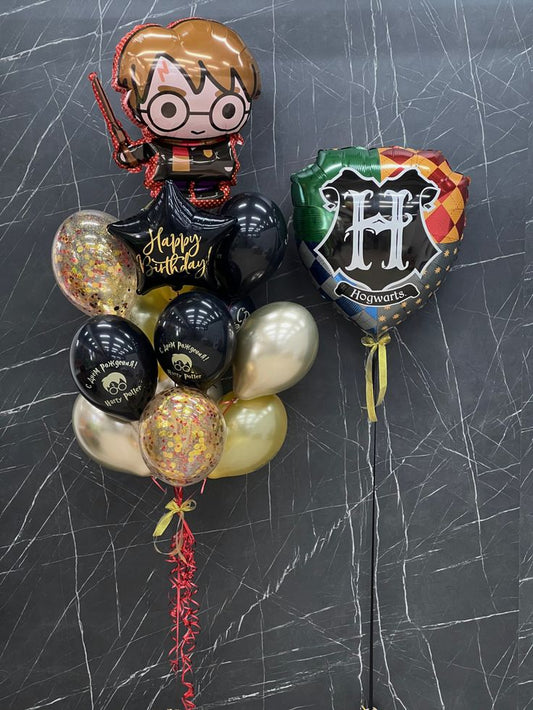 Helium Balloon Harry Potter Character and Flag with Star with Customize Sticker Latex Helium Bunch Clear with Confetti, Black, Light Gold and Yellow with Customize Sticker - Perfect for any Occasions