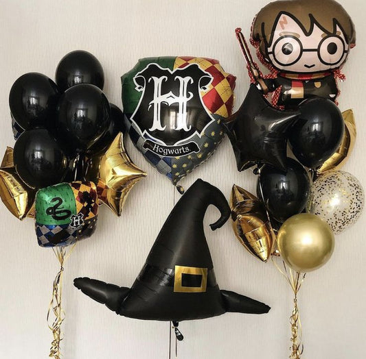 Helium Balloon Harry Potter Character and Flag, Witch Hate, Gold Black Star with Latex Helium Bunch Black, Clear with Confetti and Gold - Harry Potter-Themed Perfect for any Occasions