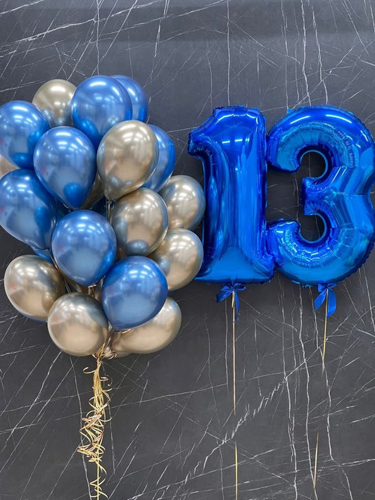 Helium Balloons Two Number Set Blue '13' with Latex Chrome Blue and Light Gold Bunch - Perfect for any Occasions!