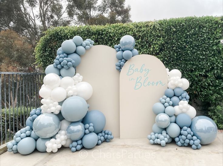 Light Blue Baby in Bloom-Themed Customize Backdrop and Balloons Blue White Green Themed Birthday Party