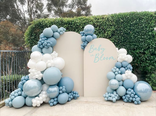 Light Blue Baby in Bloom-Themed Customize Backdrop and Balloons Blue White Green Themed Birthday Party
