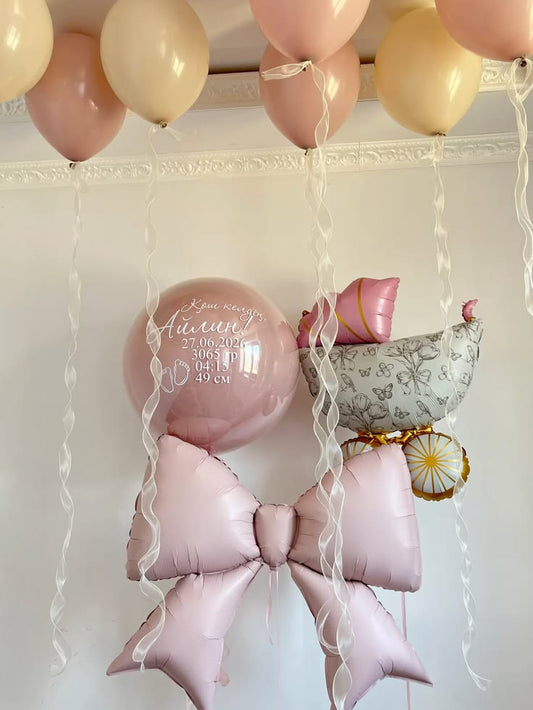 Baby Shower Stroller Pink and Gold Big Ribbon Helium Foil Balloon Personalised Baby Pink Helium Sticker Hospital