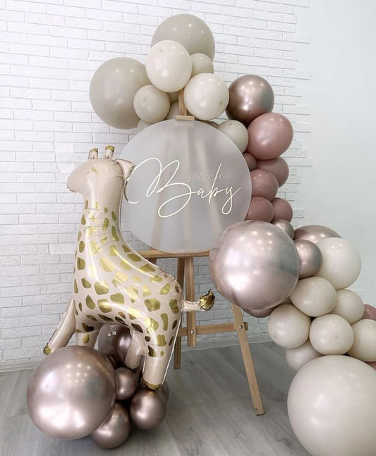 Customizable Round Mirror Type with Customize Sticker, Wooden Stand Welcome Board and Organic Balloon Shinny Purple, Purple and Beige with Giraffe Foil Accents Arrangement - Perfect for any occasions!