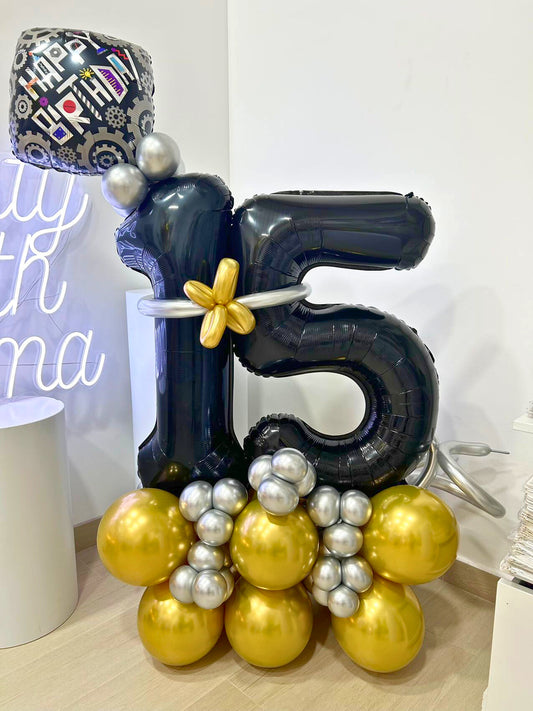 Platform Black Metallic Number '15' Balloon with Gold Flower Accent, Silver Balloon Details, and Gear-Themed Foil Topper – Perfect for Any Milestone Celebrations