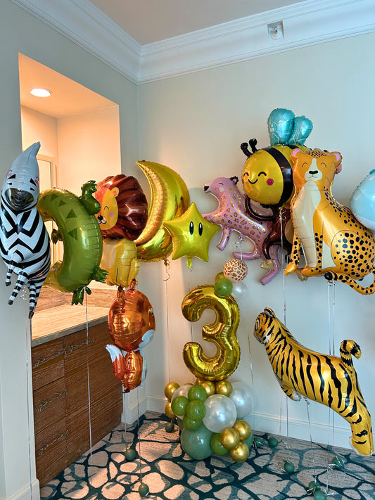 Safari Animals Number Stand with Animal Print Balloon Design and Animal Helium Balloons with Star and Moon Accents - Perfect for Any Safari Themed Celebrations