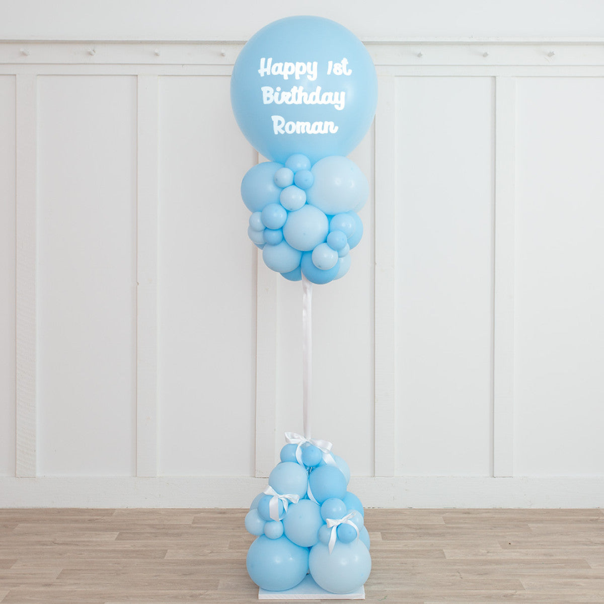 Personalised Blue Balloon with White Ribbon Accents Pillar/Column/Tower – Perfect for Any Celebrations