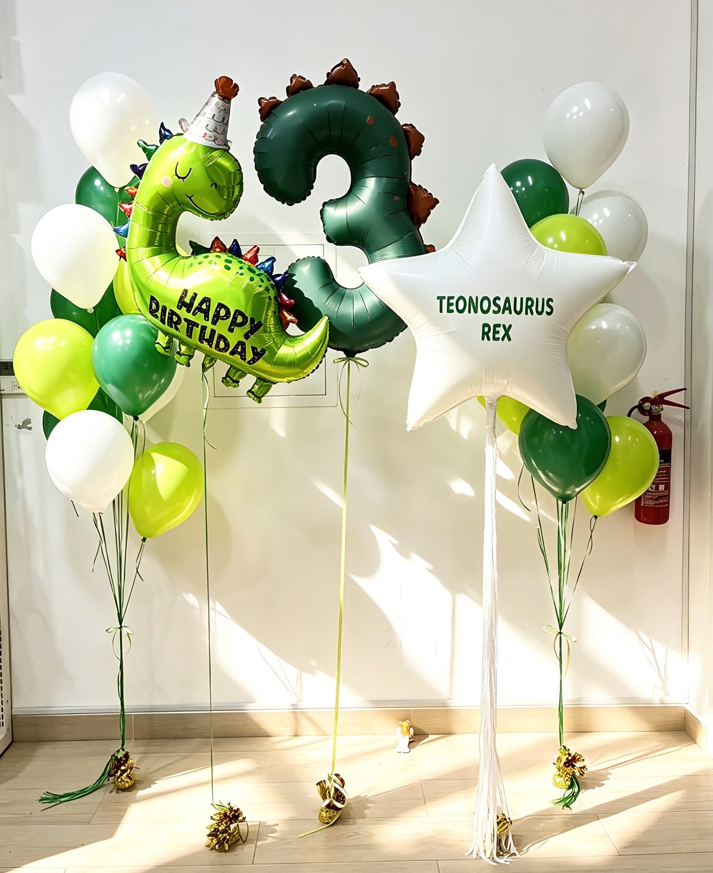 Personalised Helium Balloon Green White Latex Bunch, ‘3’ Number Dinosaur Designed Balloon, Star-Shaped Foil with Sticker, Dinosaur Foil with Tassels  - Perfect for any Occasions