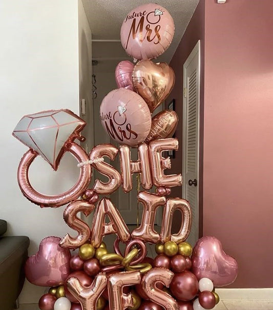 Platform Rose Gold 'SHE SAID YES' with Latex, Shinny Pink, Gold, White, Heart-Shaped and Diamond Ring Foil accents and Helium Bunch Hearts and 'Future Mrs.' Foil Balloons – Customizable Design