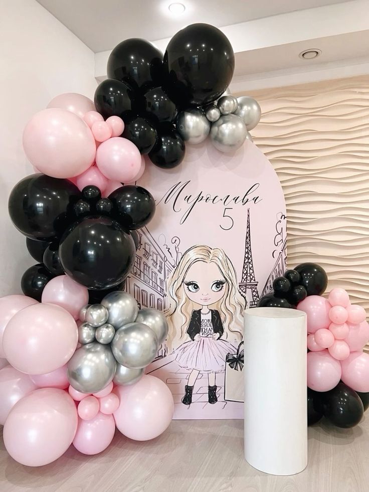 Customizable Board Backdrop with Balloon Pink, Black and Silver with White Cylinder Cake Stand - Perfect for special occasion
