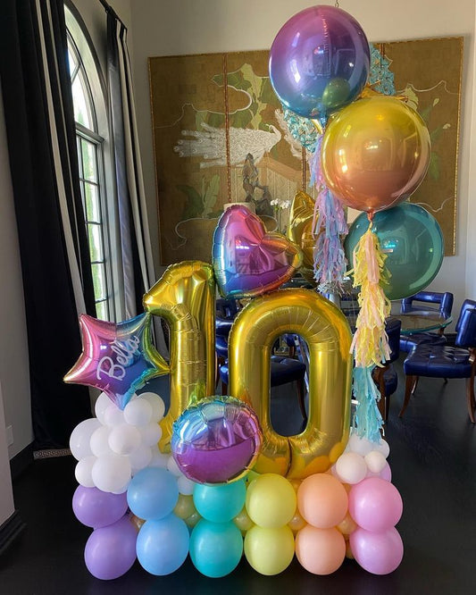 Platform Gold Numbers '10' with Latex Blue, Purple, Pink, Yellow, Peach and White with Heart Star accents and Orbs Helium Bunch with Tassels – Customizable Design