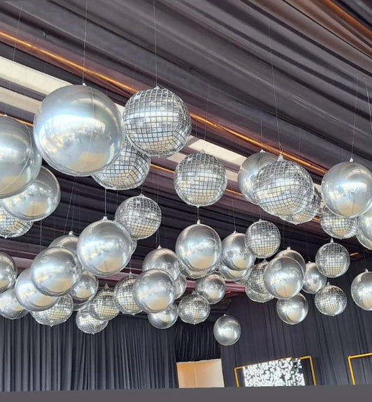 Ceiling Attached Orbs Silver and Disco Ball Balloon - Corporate Event, Grand Opening, Company Event Perfect for special occasion!