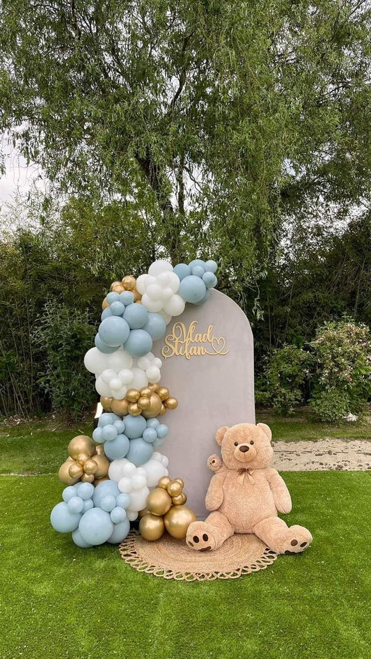 Customizable Board Backdrop with Balloon Blue, White and Gold with Big Teddy Bear - Birthday, Baby Shower Perfect for special occasion