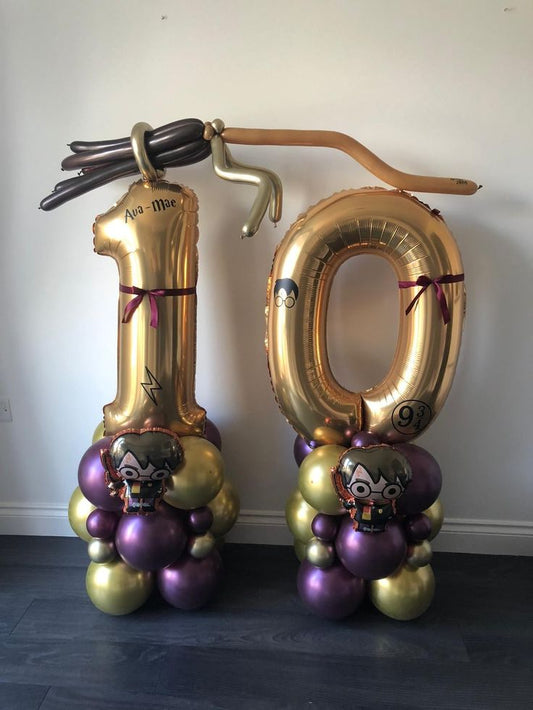 Platform Number Set of Gold Number ‘10’ Balloon Harry Potter Character Witch Hat and Gold Star with Customize Sticker Black Gold Shiny Purple