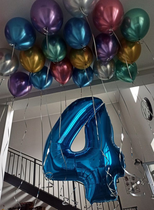 Helium Balloons Single Number Set Blue '4' with Ceiling Latex Chrome Green, Purple, Pink, Silver, Gold and Blue Bunch with Ribbons - Perfect for any Occasions!