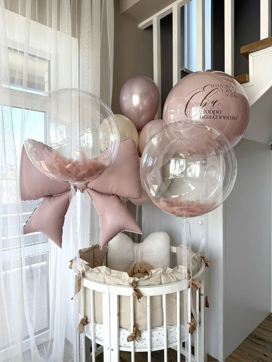 Helium Balloons Personalised Clear with Feather, Clear with Pink Latex and Customize Sticker, Latex Bunch Pink and Beige with Pink Ribbon Foil with Ribbons - Customizable Decor