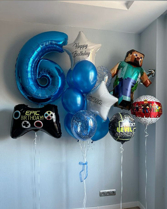 Helium Balloon Single Number Set of Blue Number ‘6’ Balloon with Game Controller, Minecraft Character, Circle Minecraft Printed, Customize White Star Foil and Latex Clear with Confetti and Blue Helium Bunch - Minecraft-Themed Perfect for any Occasions
