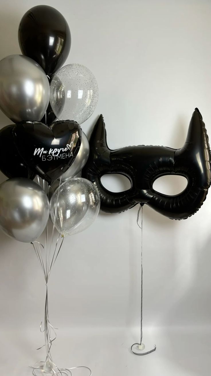 Batman Musk and Black Heart with Customize Sticker and Latex Helium Bunch Clear, Silver and Black - Superhero, Marvel-Themed, Batman-Themed Perfect for any Occasions