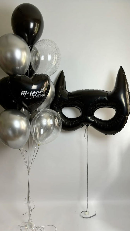 Batman Musk and Black Heart with Customize Sticker and Latex Helium Bunch Clear, Silver and Black - Superhero, Marvel-Themed, Batman-Themed Perfect for any Occasions