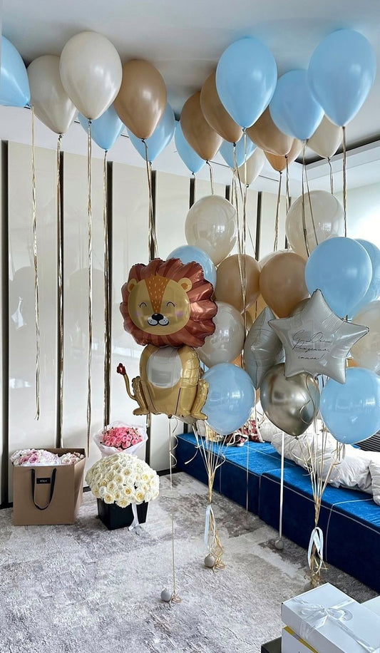 White Star with Customize Sticker, Lion and Latex Ceiling and Bunch Balloons Beige, Brown and Blue - Safari and Jungle-Themed Perfect for special occasions!