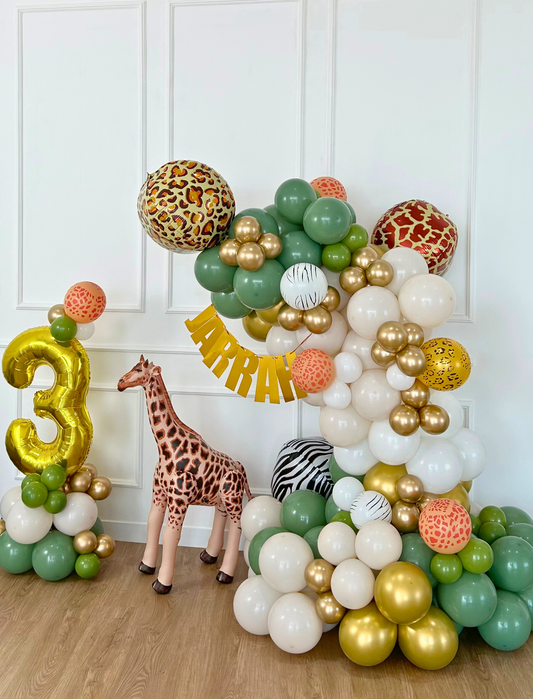 Safari Jungle Balloon Arch with Animal Print Balloons, Inflatable Giraffe Prop, Gold Number Balloon, and Custom Name Banner - Perfect for Kids Birthday & Wild Celebrations