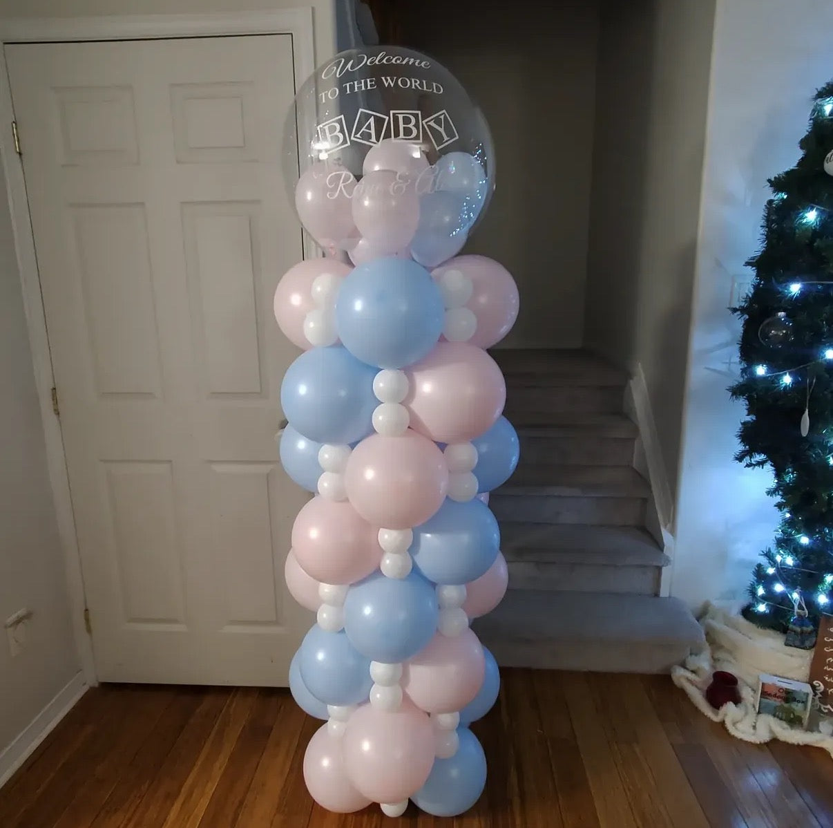 Hospital or Home Welcoming Baby Balloon Pillar with Customize Sticker Balloon White Blue Pink - Perfect for special occasions Baby Shower Welcome Baby Newborn