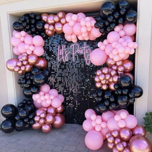 Black Shimmer Wall Setup with Balloon Rose Gold, Pink and Black with LED Acrylic 'Let's Party' - Perfect for any Celebration