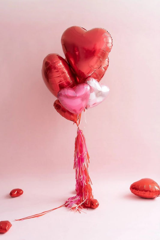 3pcs 35" and 3pcs 20" Pink, Silver and Red Heart-Shaped Helium Foil Balloons Bunch with Tassels - Valentine's, Anniversary Perfect for special occasions!