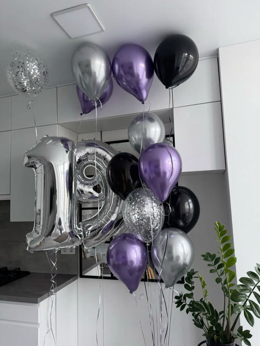 Helium Balloons Two Number Set Silver '19' and Latex Bunch Chrome Purple, Silver, Black and Clear with Confetti  - Perfect for any Occasions!