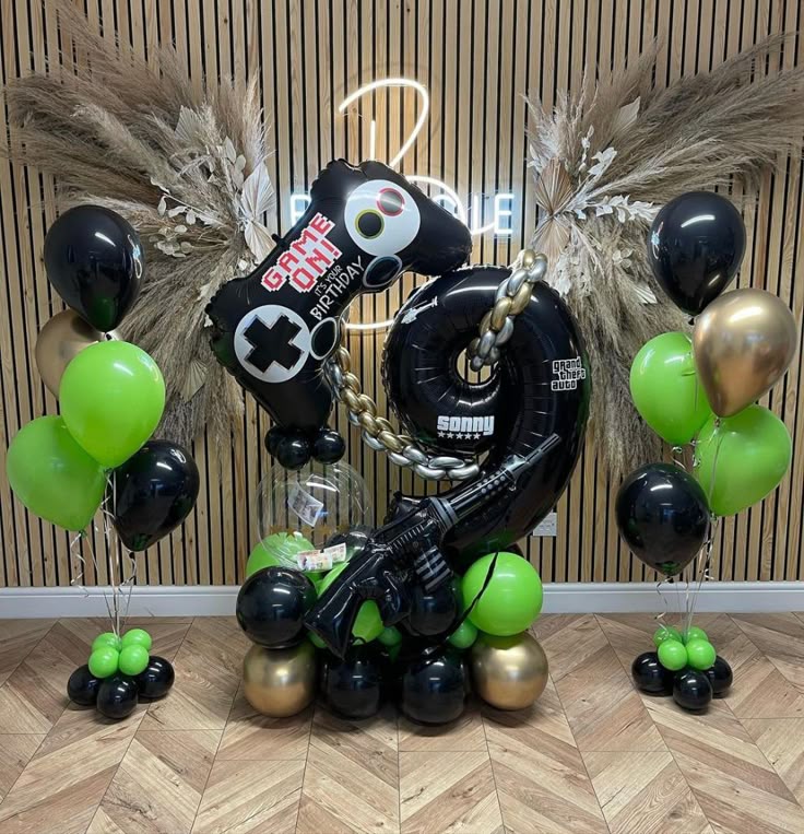 Black Number Platform ‘9’ with Customize Sticker Green Light Gold Clear Blue Latex, Game Controller 'Happy Birthday' and Latex Helium Balloons – Customizable Design