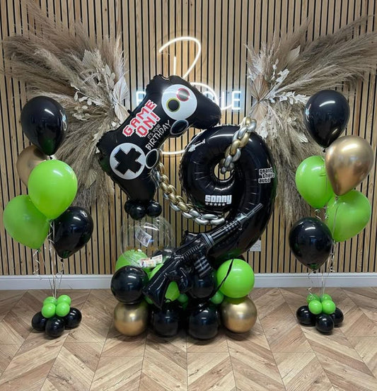 Black Number Platform ‘9’ with Customize Sticker Green Light Gold Clear Blue Latex, Game Controller 'Happy Birthday' and Latex Helium Balloons – Customizable Design