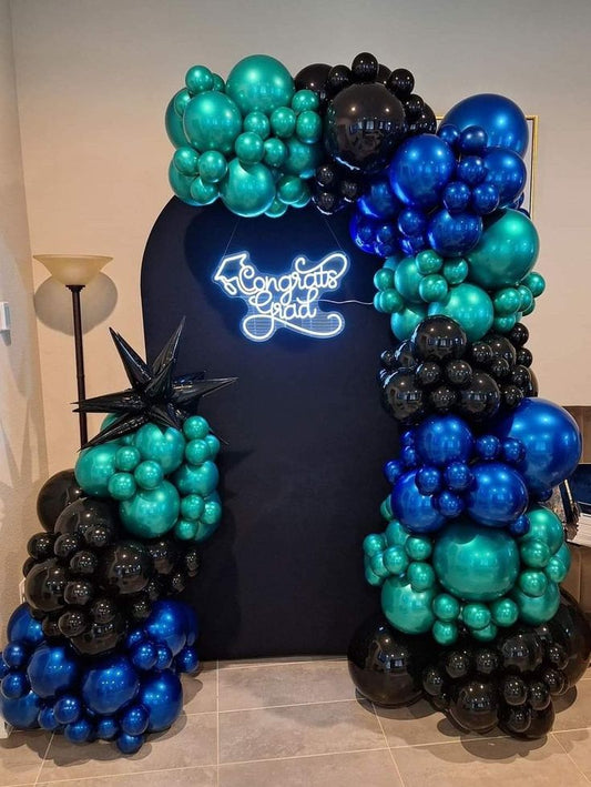 Customizable Board Backdrop with LED Acrylic 'Congrats Grad' and Balloons Black, Chrome Blue, Chrome Green with Starburst accents - Perfect for any celebration!