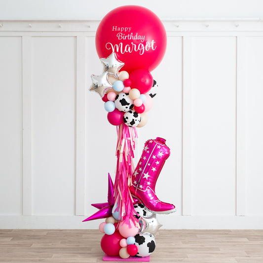 Personalised Cowgirl-Themed Balloon Pillar/Column/Tower with Tassels, Western and Animal Print Accents – Perfect for Any Wild West Birthdays and Rodeo Celebrations