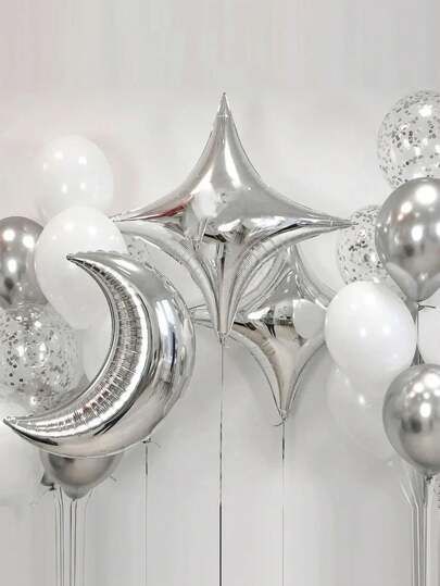 Helium Balloons Silver Moon and Stars with Latex Bunch Silver, White and Clear with Confetti - Customizable for Any Celebration