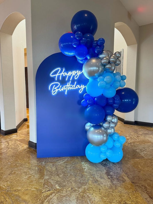 Customizable Board Backdrop with LED Acrylic 'Happy Birthday' and Balloons Different Shades of Blue and Silver - Perfect for any celebration!