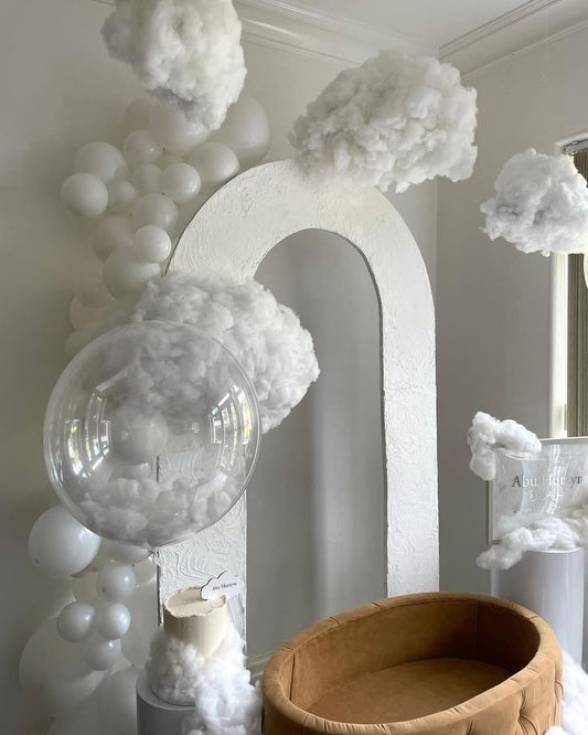 Customizable Board Backdrop with Balloons Clear and White with White Cotton - Perfect for any celebration!