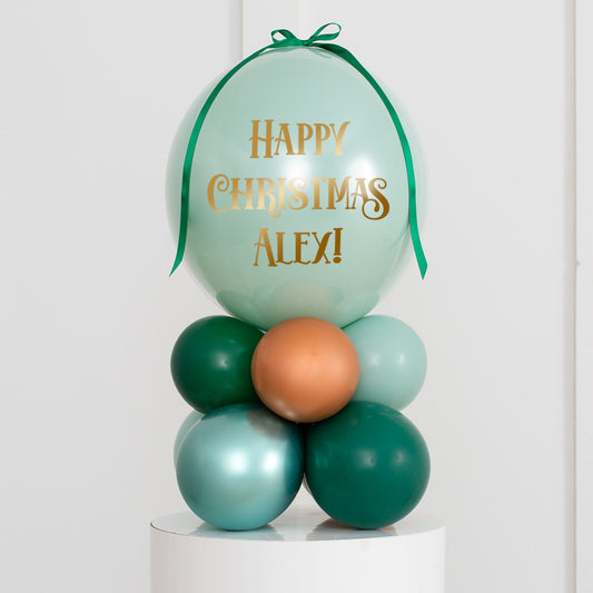 Personalised Christmas Balloon on Stand with Customizable Sticker and Ribbon Accents - Different Shade of Glossy Green Colors