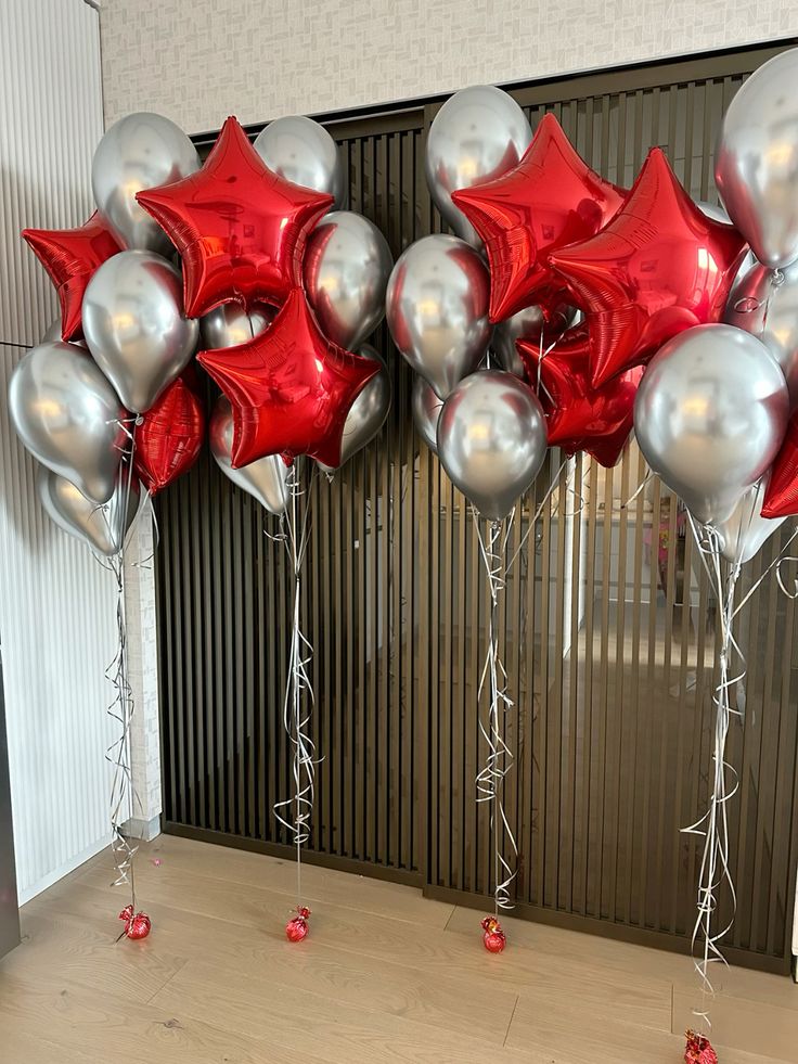 Helium Balloons Bunch Red Star-Shaped and Silver Latex with Silver Strings - Perfect for any Occasions