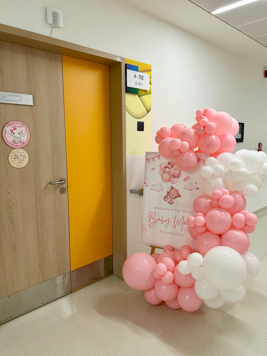 Mini Chain Balloon Pink and White with Customizable Printed Canvas Board - Hospital Setup, Perfect for Special Occasions