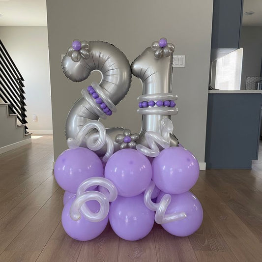 Silver Number Platform ‘21’ with Silver, Purple and Clear Balloons – Customizable Design