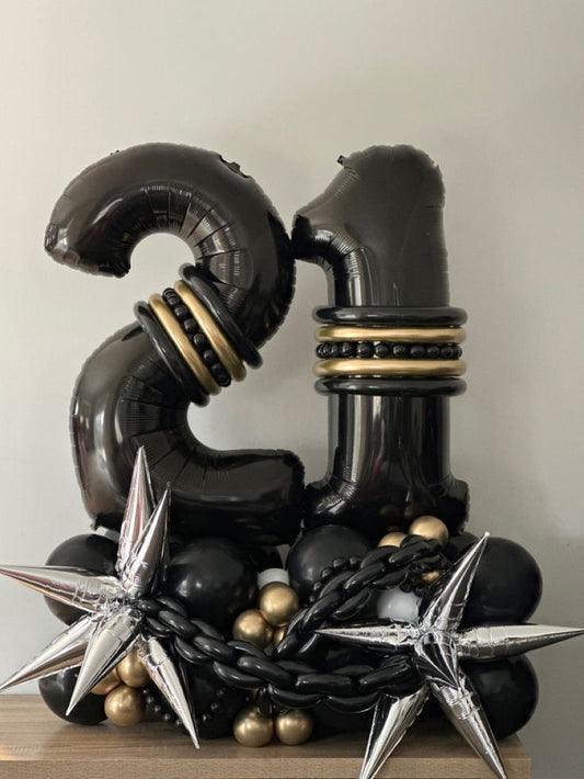 Black Number Platform ‘21’ with Gold, Black and Silver Customize Balloon Chain and Starburst accent  – Customizable Design