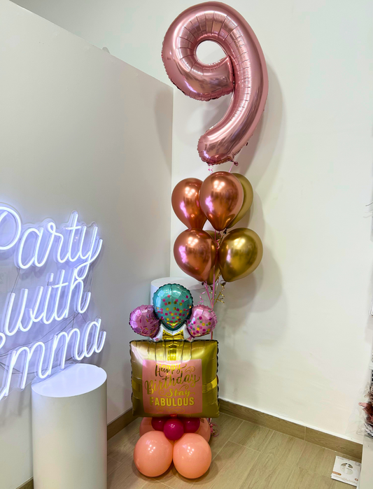 Helium Rose Gold Single Number Set Balloon with Latex Balloons Accents and 'Happy Birthday Stay Fabulous' Balloon Setup