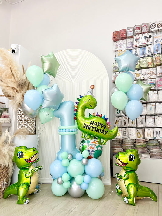 Platform Matte Blue Number ‘1’ with Dinosaur ‘Happy Birthday’, Self-Standing Dinosaur and Helium Bunch Latex Blue, Green and Silver with Star - Dinosaur-Themed Birthday Celebration!