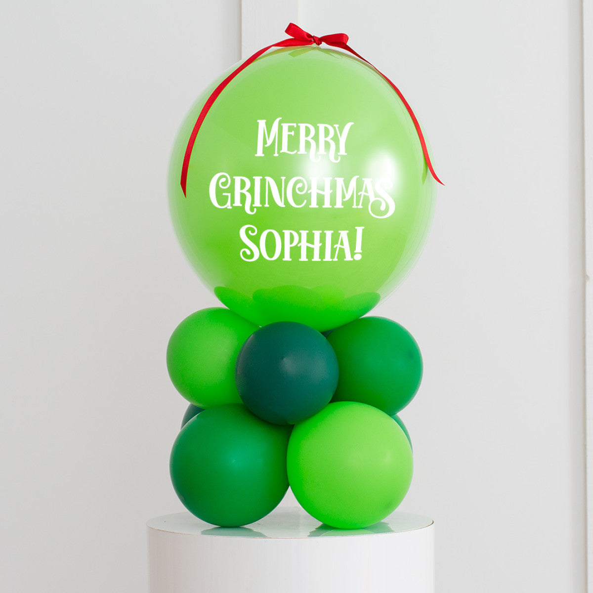 Personalised Christmas Balloon on Stand with Customizable Sticker and Ribbon Accents - Different Shade of Green Colors