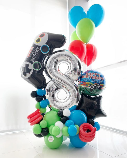 Silver Number Platform ‘8’ with Green, Red Blue Latex, Game Controller, 'Happy Birthday',  Star Foil Balloon and Helium Balloons – Customizable Design