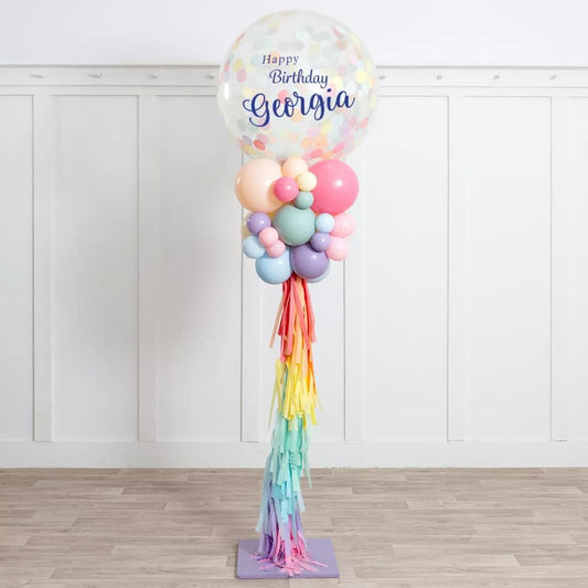 Personalised Clear Balloon with Pastel Colors Confetti and Pastel-Colored Balloon with Tassels Accents Pillar/Column/Tower – Perfect for Any Celebrations