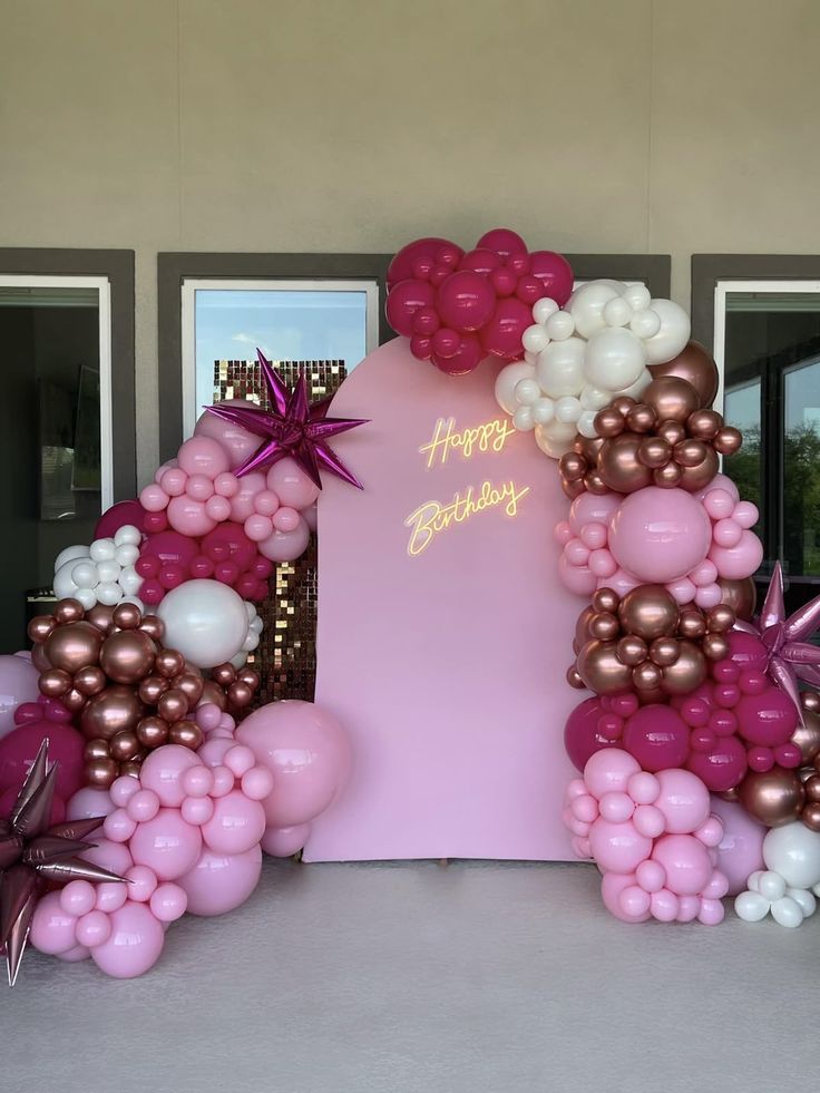 Pink Shimmer Wall with Customizable Board Backdrop with Balloon Pink, Rose Gold, Dark Pink and White with LED Acrylic "Happy Birthday" and Starburst accents - Perfect for special occasion