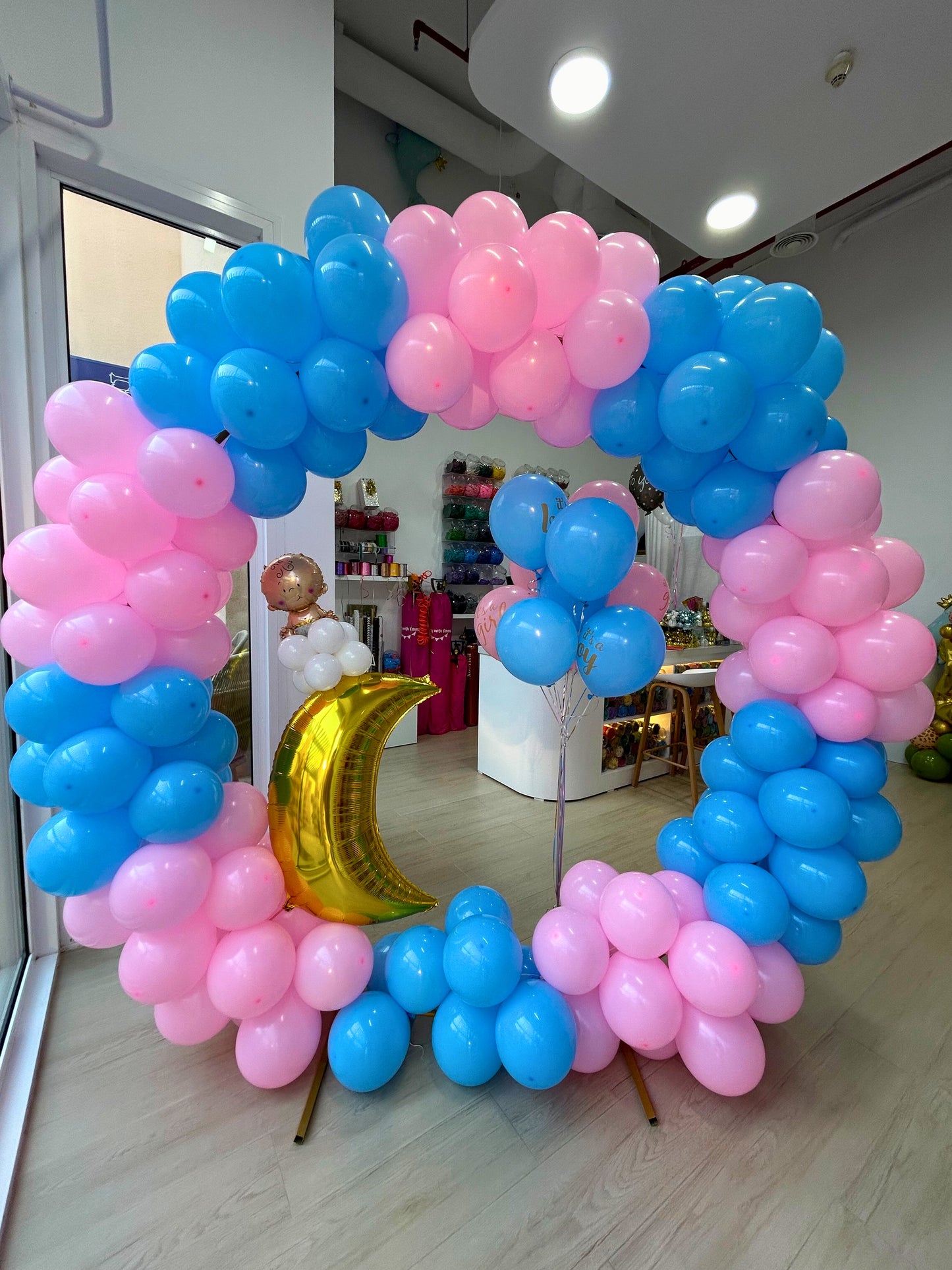 Pink and Blue Balloon Arch with Golden Moon Accent – Perfect for Gender Reveal and Baby Showers