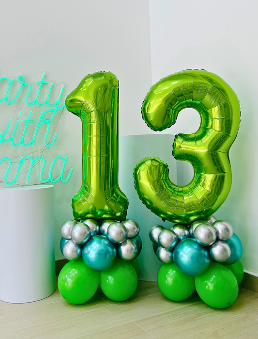 Number Balloon on Stand Green 1&3 with Silver, Glossy Green and Green Accents